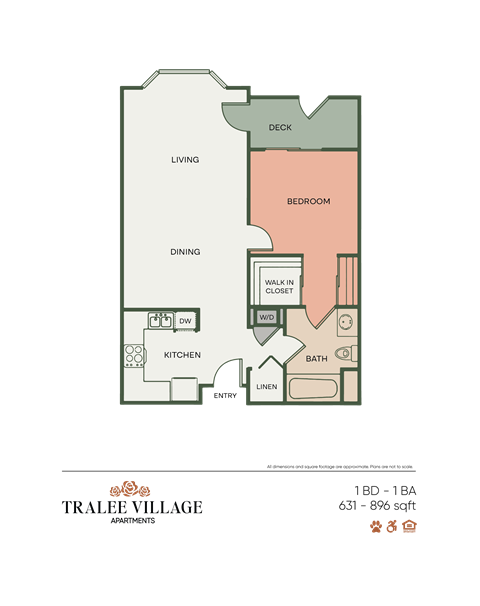 Floor plan for 1 bed, 1 bath, 790 sqft